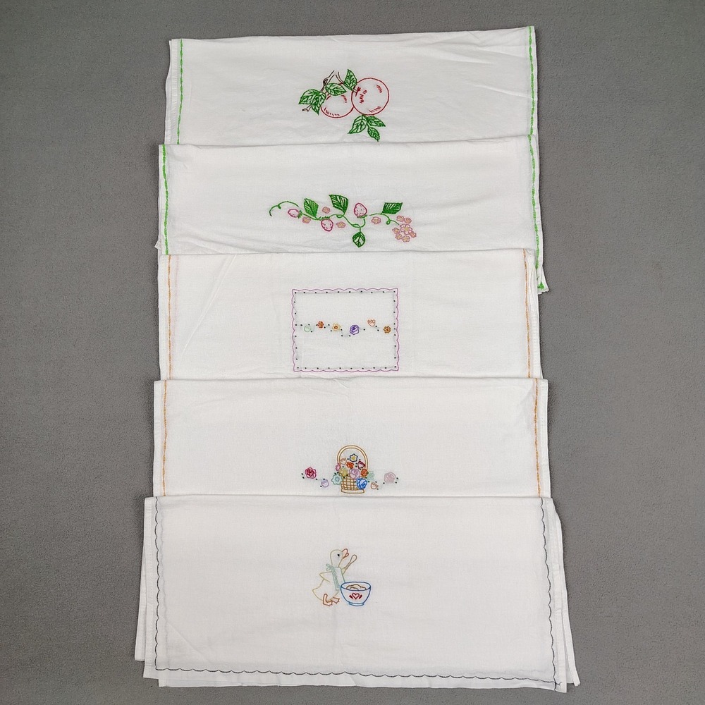 Vintage Embroidered Kitchen Towel Set (5) Floral Fruits Cross Stitch LARGE 21x36